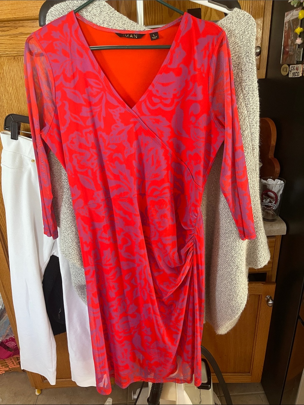 IMAN Global Chic Printed Mech Dress w/ Front Seam Ruching Red/Purple Large